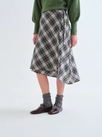 Falda midi con estampado de cuadros verde